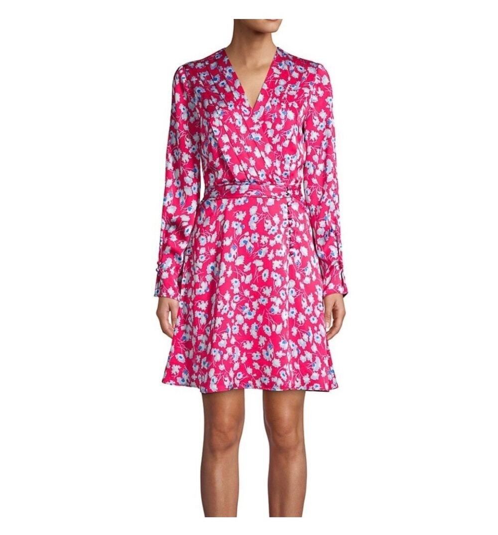 Equipment Collie Fuschia Pink Floral Print Long Sleeve V-Neck A-Line Silk Dress